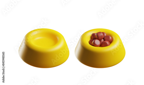 Yellow empty and full of feed pet bowl 3D vector icon, pet care accessory, food bowl for cat and dog, animal utensil