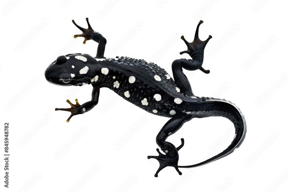 Fototapeta premium A close-up image of a small black and white spotted lizard sitting on a white background, looking straight ahead