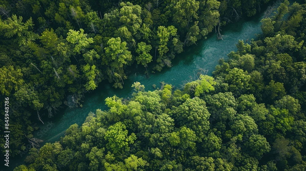 Woods covering the green banks of a river Woods covering the green banks of a river