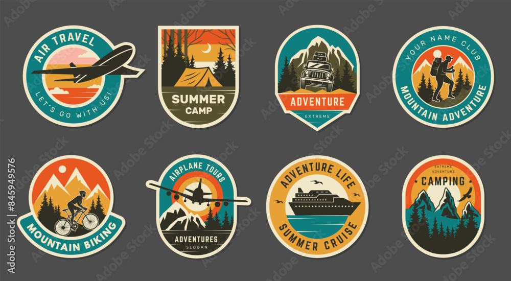 Travel badges. Worldwide outdoor exploration logo adventure time to travel on bike camping car airplane or ship recent vector hiking and climbing badges