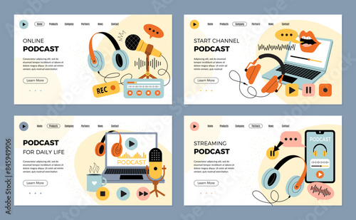 Podcast landing. Web page template with professional streaming or audio podcast items microphones laptop speakers recent vector pages with place for text