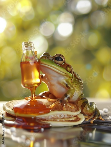 Ilustrasi 3d Seekor katak kecil duduk di atas pancake sambil memegang botol dan menuangkan sirup maple dari botol kecilnya photo