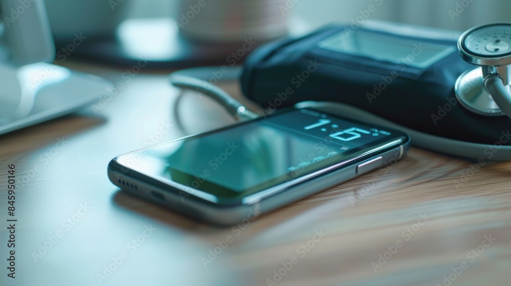 A cell phone and stethoscope used in a medical setting, possibly for recording patient information or monitoring vital signs A cell phone and stethoscope used in a medical setting, possibly for recording patient information or monitoring vital signs
