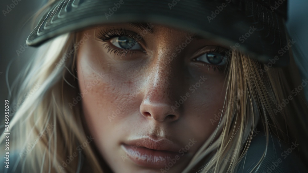 A close-up shot of a woman with a hat on, ideal for use in fashion or beauty contexts A close-up shot of a woman with a hat on, ideal for use in fashion or beauty contexts