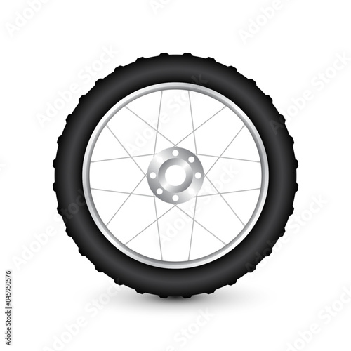 Realistic 3d bicycle wheel. Bike rubber tire, shiny metal spokes and rim. Fitness cycle, touring, sport, road and mountain bike. Vector illustration