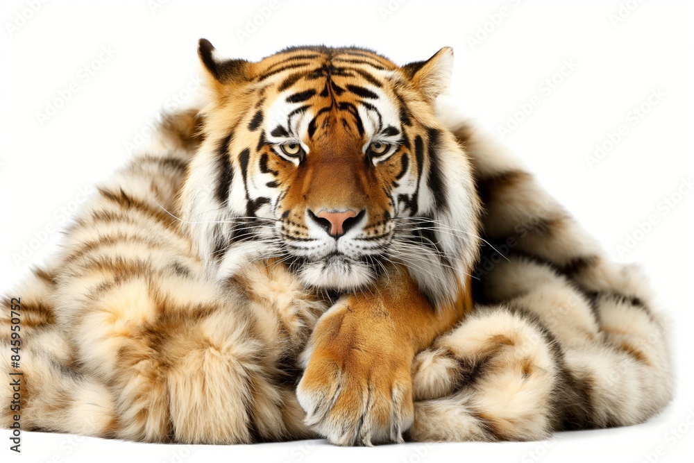 Obraz premium Striking tiger appears to wear a fur coat, creating a unique and glamorous image with a powerful wildlife theme on a white background