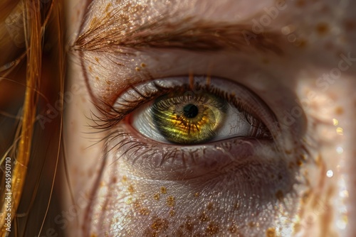 A detailed view of an individual's eye featuring a distinctive freckle photo