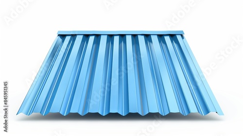 3D Illustration of Blue Metallic Corrugated Galvanized Iron for Roof Sheet on White Background