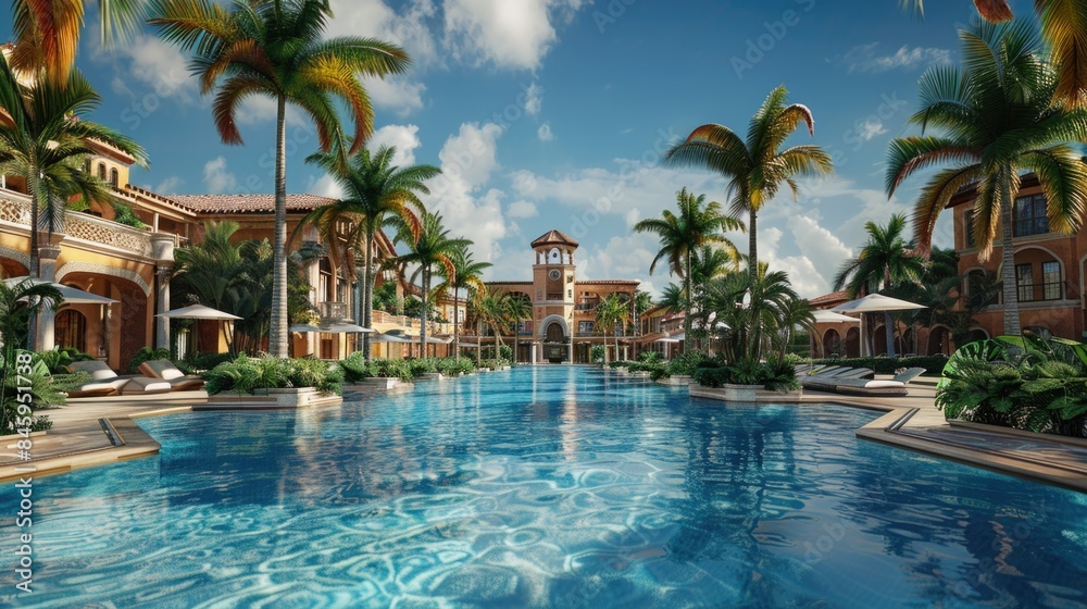 Lush palm trees surround a large outdoor swimming pool, perfect for summer fun and relaxation