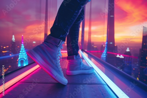 A person standing on a ledge looking out at a city in the background