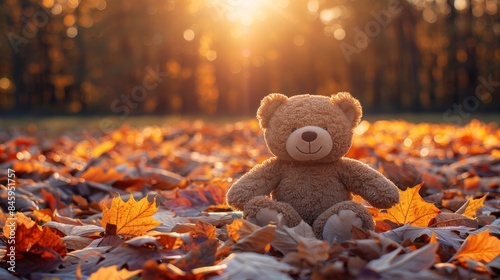 A charming teddy bear in a vibrant pile of autumn leaves, basking in the warm sunlight. Evokes a serene fall day, perfect for a relaxing stroll or picnic in the park