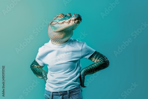 Cool crocodile character stands wearing a white t-shirt and jeans, with sunglasses on, exuding confidence on a blue background photo