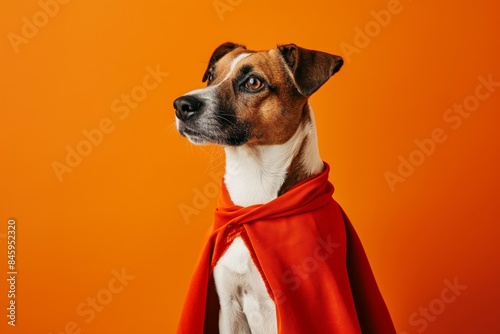 Jack Russell terrier dressed in a red superhero cape looks intently to the side against a vibrant orange backdrop
