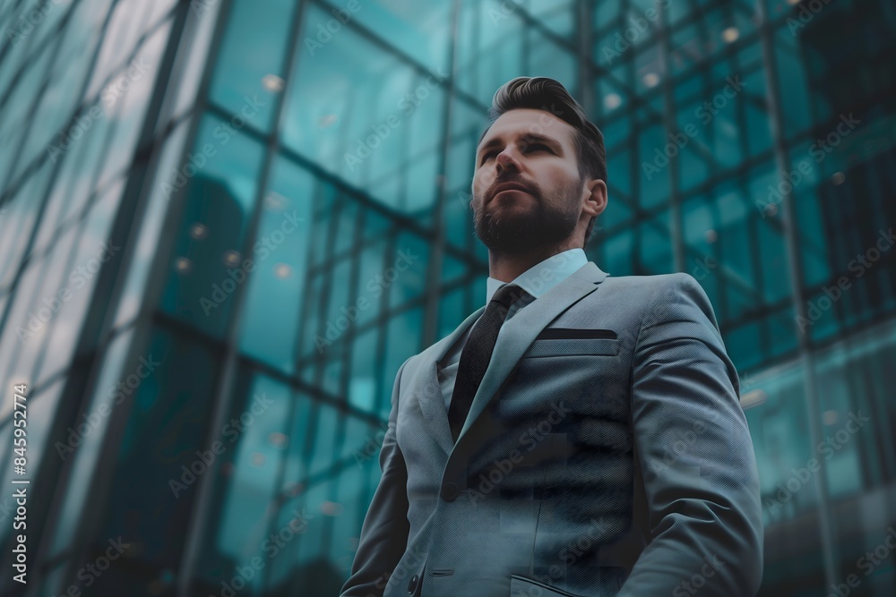 A confident businessman stands against a backdrop of a modern glass building. His sharp suit and poised demeanor reflect power and success A confident businessman stands against a backdrop of a modern glass building. His sharp suit and poised demeanor reflect power and success