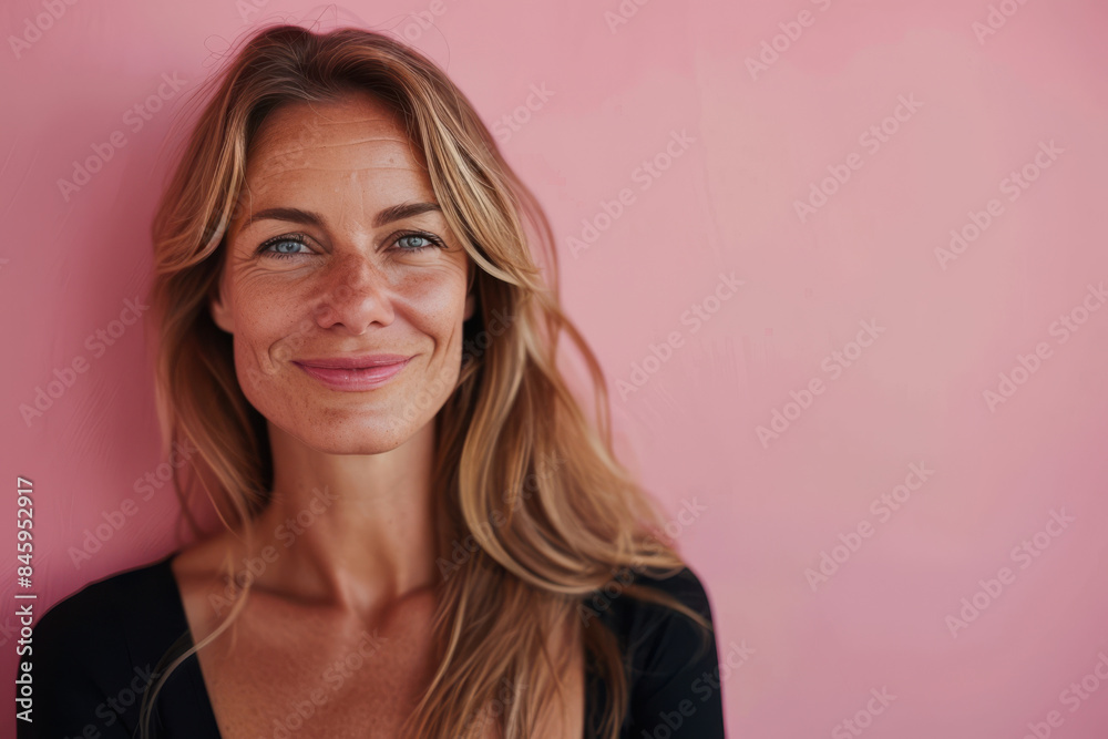 A close up portrait of a woman with a subtle smile A close up portrait of a woman with a subtle smile
