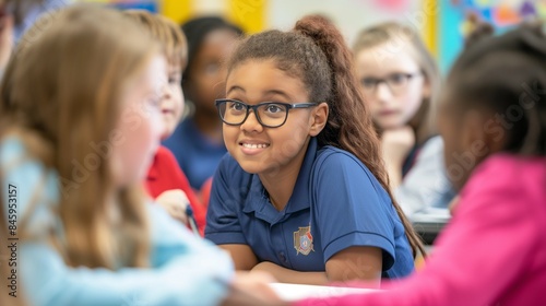 School students in the classroom interacting with teachers and peers, engaging in activities such as reading, listening to lectures, and participating in discussions.
