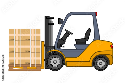 Industrial forklift truck with boxes. Side view of the machine. Hydraulic machinery . Industrial color loader.  Forklift unloads the pallets with boxes. Vector illustration in flat style.