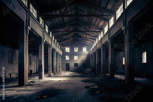 Abandoned industrial building with high ceilings, brick walls, sunlight filtering through windows