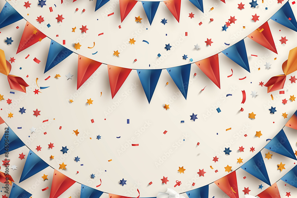 Obraz premium Festive French Holiday Decorations With Red, Blue, and Orange Flags and Confetti