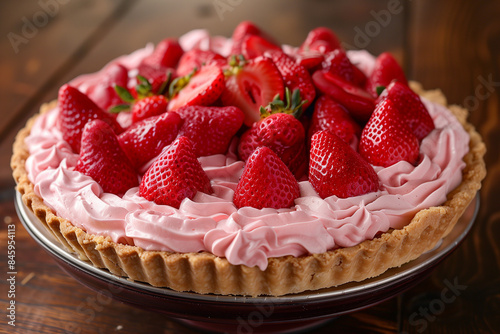 Fresh Strawberry Tart With Pink Whipped Cream on a Wooden Table