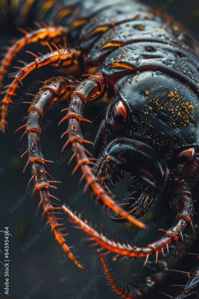 A close-up view of a bug's head featuring orange-colored spikes