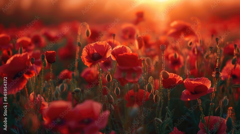 Obraz premium A field of vibrant red poppies against a warm orange and yellow sunset backdrop
