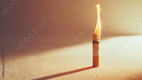 A cigarette is lit and the flame is yellow. The cigarette is on a white surface. Concept of danger and the potential harm of smoking