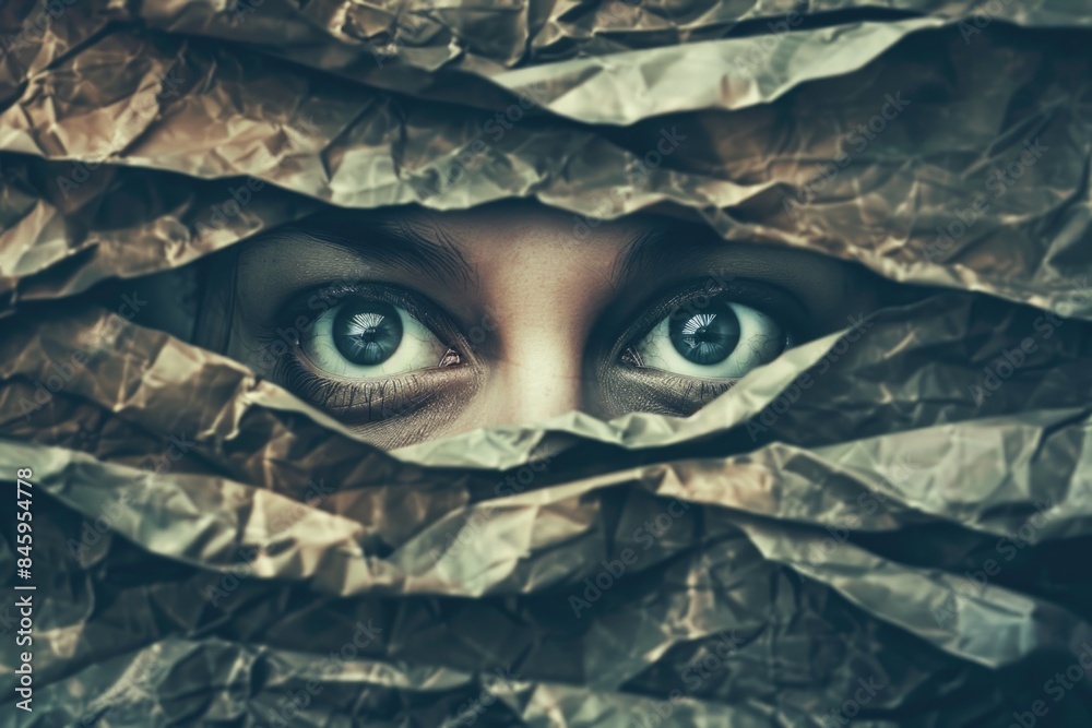 A person's eyes looking out from behind a sheet of paper, perfect for use in creative projects or as a metaphorical representation A person's eyes looking out from behind a sheet of paper, perfect for use in creative projects or as a metaphorical representation