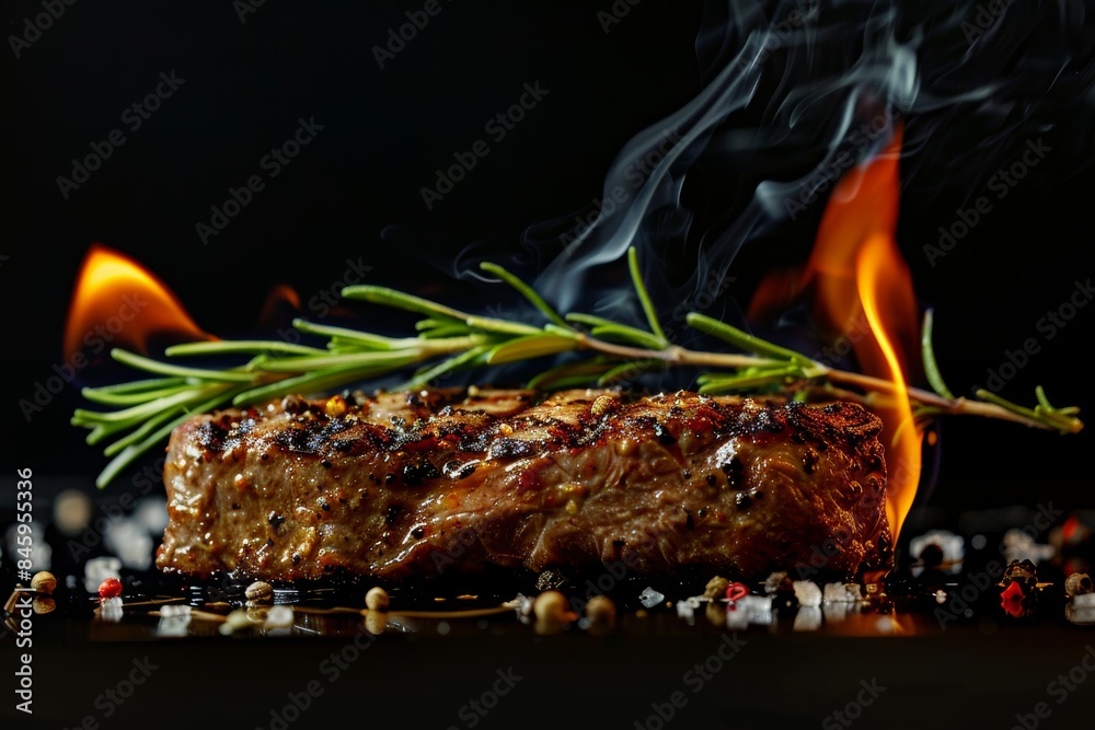 Savory Grilled Steak with Rosemary on Black Background Generative AI Savory Grilled Steak with Rosemary on Black Background Generative AI