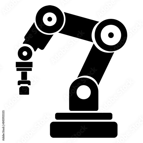 Simple black and white icon of an industrial robot arm, symbolizing automation and technology in manufacturing.