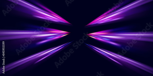 Vector glitter light fire flare trace. Abstract image of speed motion on the road. Dark blue abstract background with ultraviolet neon glow, blurry light lines, waves