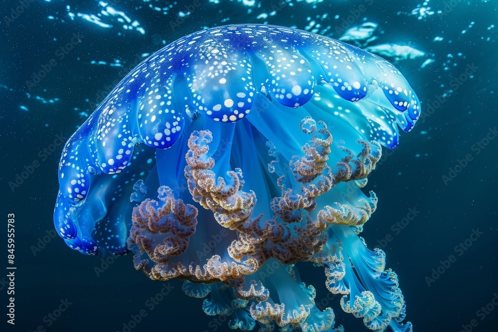 Fototapeta premium Glowing Aurelia Jellyfish in the Ocean Depths Generative AI