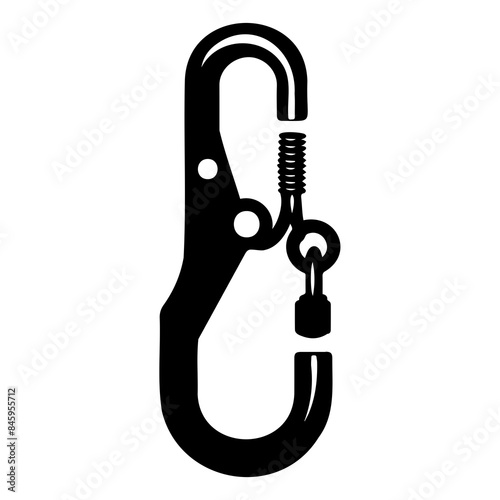 A black and white illustration of a carabiner, used for climbing and securing gear.