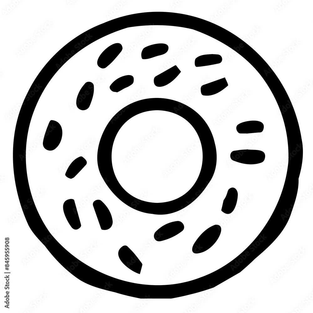 Black and white icon of a donut with sprinkles, perfect for bakery, dessert, and food themes. Black and white icon of a donut with sprinkles, perfect for bakery, dessert, and food themes.