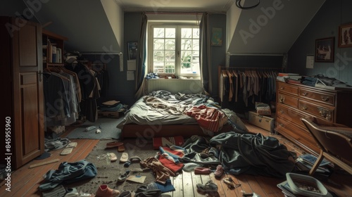 A messy bedroom with an unmade bed, clothes scattered on the floor, and an open closet overflowing with clothes.
