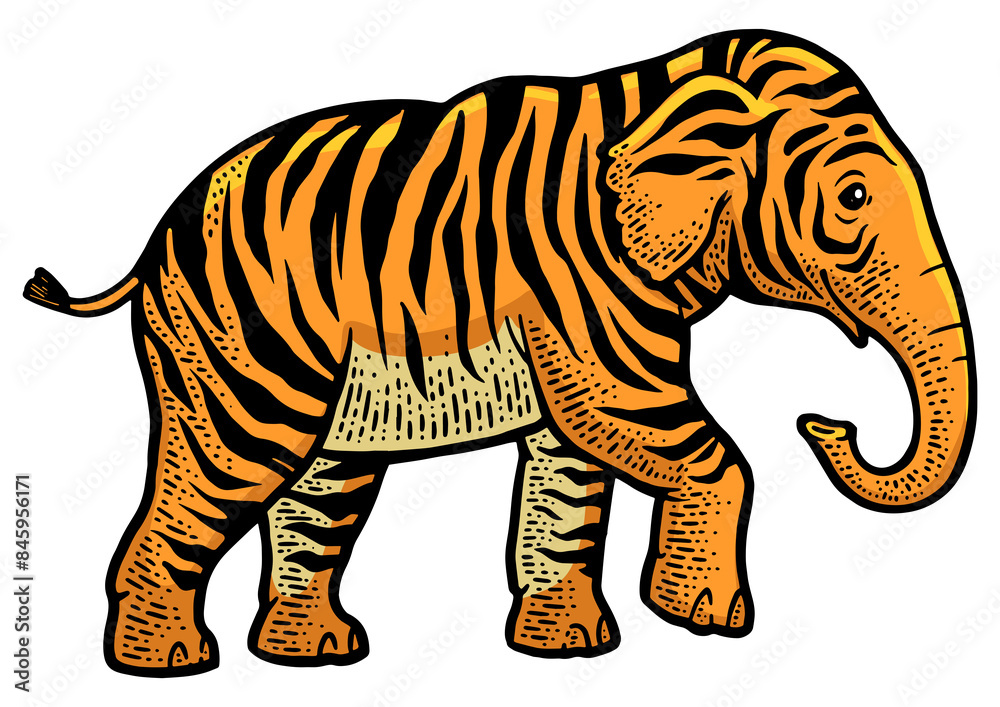 Obraz premium fictional animal tiger elephant color sketch engraving PNG illustration. T-shirt apparel print design. Scratch board imitation. Black and white hand drawn image.