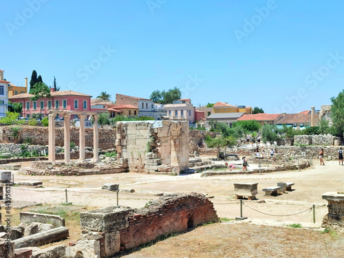 Photo of the Early Christian Quatrefoil Building-Basilica of Megale Panagia ruins, viewed from Aiolou and Andrianou streets in Athens, Greece.