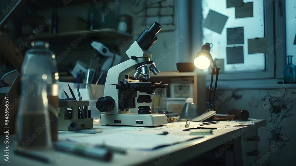 A microscope is on a table with other lab equipment A microscope is on a table with other lab equipment