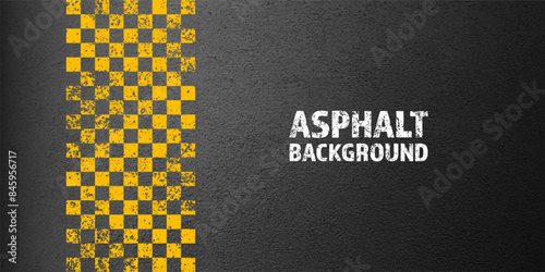 Asphalt road with yellow cracked lane marking, concrete highway surface, texture. Street traffic line, road dividing strip. Pattern with grainy structure, grunge stone background. Vector illustration
