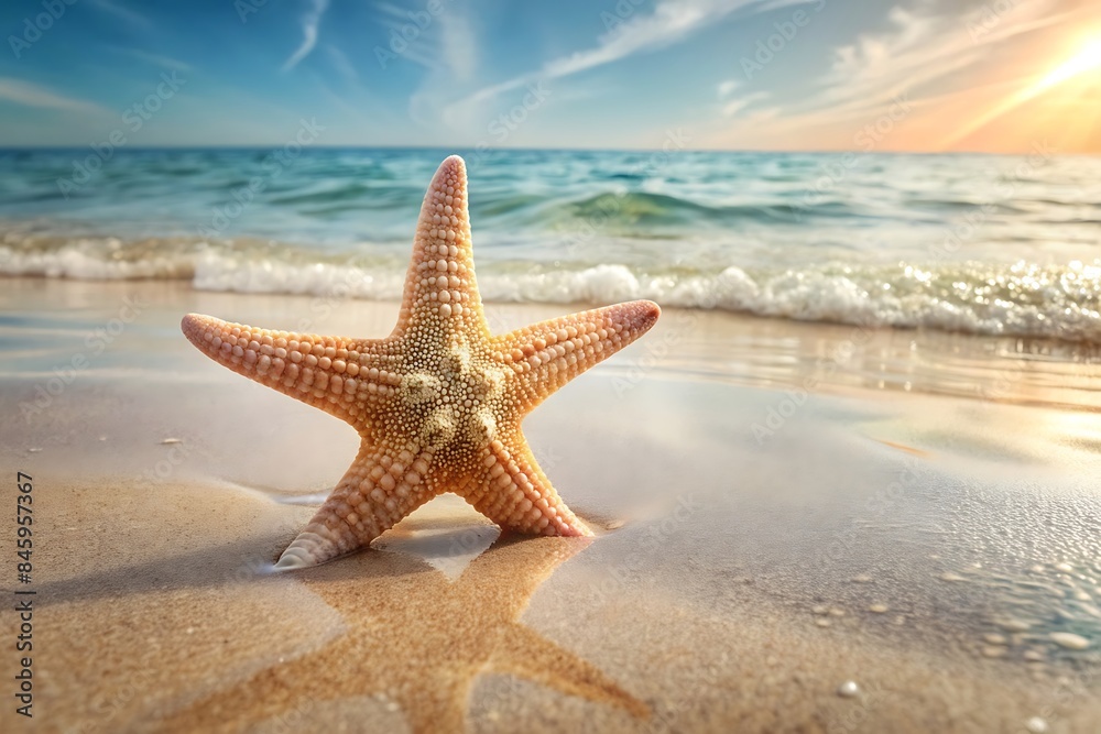 Sandy beach, starfish in clear summer sea Sandy beach, starfish in clear summer sea