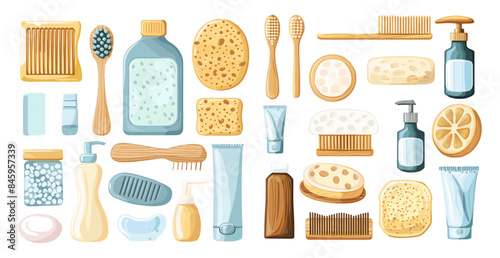 Bathroom accessories cartoon vector set. Shampoo toothbrush sponge comb shower gel soap cream pumice personal care elements isolated on white background