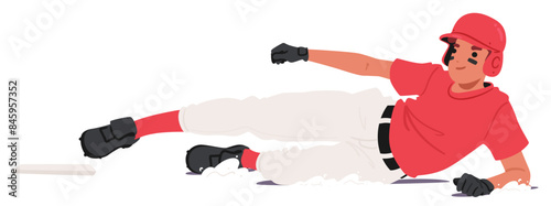 Baseball Player In Red Uniform Sliding Towards The Base. Athlete Is Wearing Protective Gear Including Helmet And Gloves