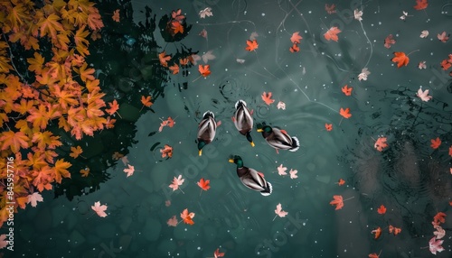 Top view of a group of Canadian ducks swimming in a lake surrounded by maple trees, with fallen leaves on the surface of the water