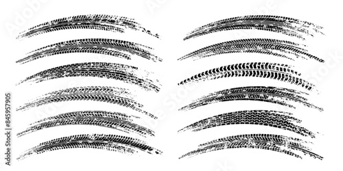 Grunge tire tracks, wheel braking marks. Truck, car or motorcycle tread pattern silhouettes. Auto race, motorsport, speed racing design element. Vector illustration