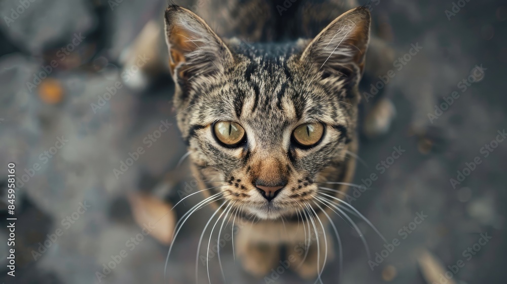 Black brown striped cat gazed directly into the camera from a close distance Black brown striped cat gazed directly into the camera from a close distance
