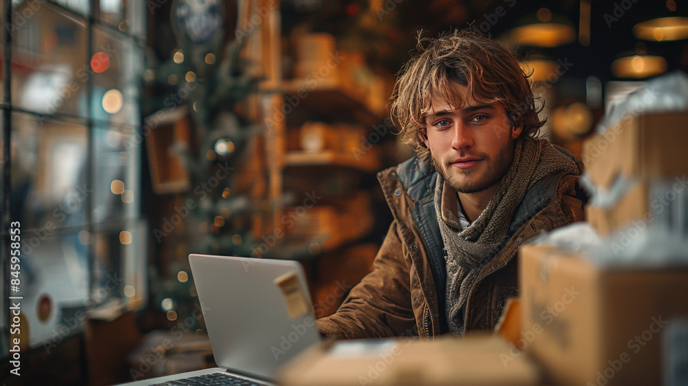 a small business owner happily packaging boxes next to a laptop,generative ai a small business owner happily packaging boxes next to a laptop,generative ai