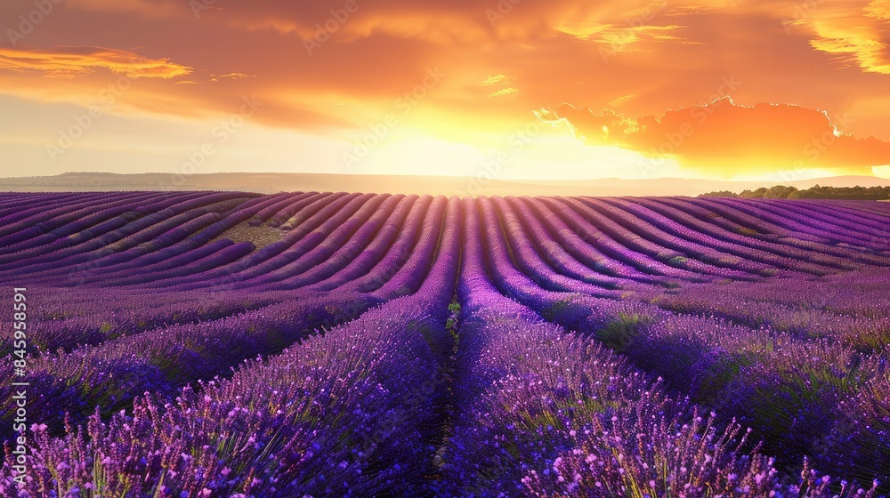An expansive lavender field with rows of vibrant purple flowers under a sunset, creating a colorful and aromatic landscape.