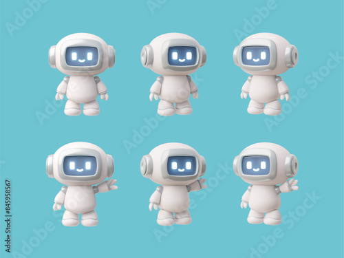 Set of six friendly robot chatbot icons with blue eyes 3D vector illustration