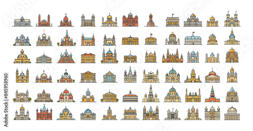 City architecture linear color icons vector set. Public stone columns institutions large religious state monuments residential buildings isolated on white background