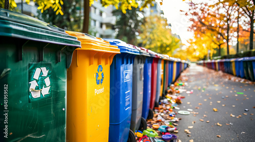 A row of trash cans are lined up on the sidewalk. The trash cans are of different colors and sizes © Людмила Мазур